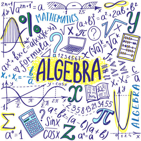 Maths symbols icon set. Algebra or mathematics subject doodle design. Education and study concept. Back to school background for notebook, not pad, sketchbook. Hand drawn illustration.のイラスト素材