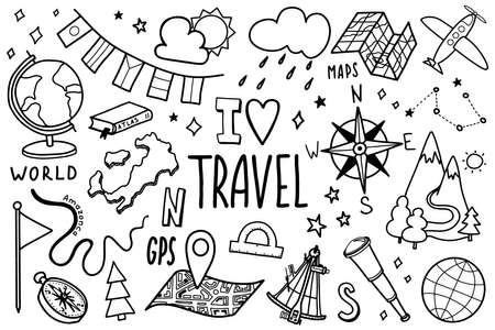 Travel icons set in hand drawn doodle style. Tourism and geography symbols. Vector illustration on white backgroundのイラスト素材