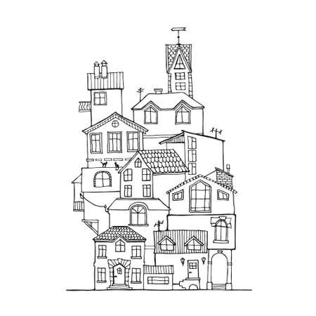 Doodle house hand drawn in black and white. Scandinavian cartoon ink houses. Vector Illustration.のイラスト素材
