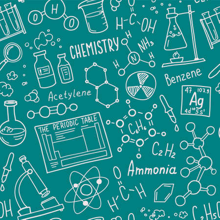 Chemistry symbols icon set. Science subject doodle design. Education and study concept. Back to school sketchy background for notebook, not pad, sketchbook.のイラスト素材