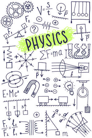 Phisics symbols icon set. Science subject doodle design. Education and study concept. Back to school sketchy background for notebook, not pad, sketchbook.のイラスト素材