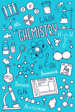 Chemistry symbols icon set. Science subject doodle design. Education and study concept. Back to school sketchy background for notebook, not pad, sketchbook.のイラスト素材