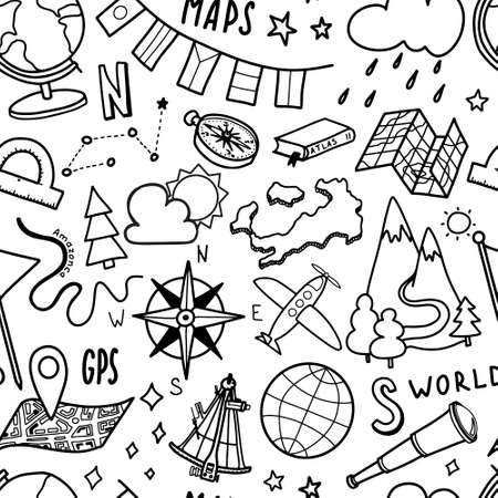 Geography and travel handwriting doodle icon  . School subject design. sign and symbol isolated on white backgroundのイラスト素材