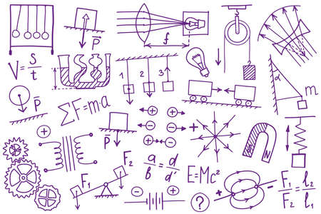 Phisics symbols icon set. Science subject doodle design. Education and study concept. Back to school sketchy background for notebook, not pad, sketchbook.のイラスト素材