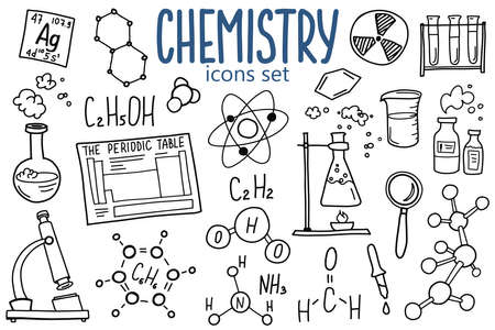 Chemistry symbols icon set. Science subject doodle design. Education and study concept. Back to school sketchy background for notebook, not pad, sketchbook.のイラスト素材