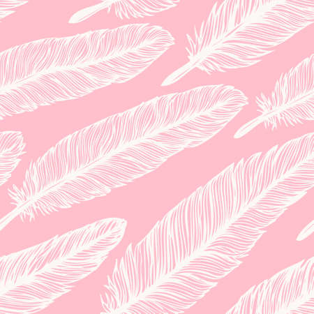 Feather seamless pattern. Hand drawn background with white doodle feathers on pink. Decorative design. Vectorのイラスト素材