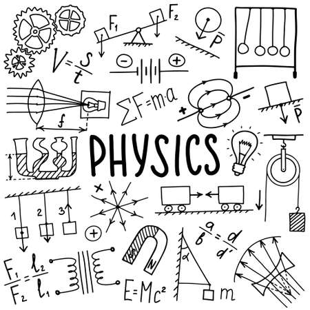 Phisics symbols icon set. Science subject doodle design. Education and study concept. Back to school sketchy background for notebook, not pad, sketchbook.のイラスト素材