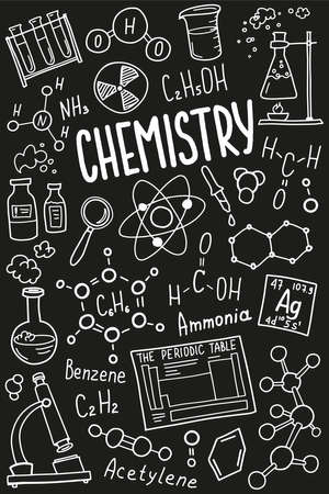 Chemistry symbols icon set. Science subject doodle design. Education and study concept. Back to school sketchy background for notebook, not pad, sketchbook.のイラスト素材
