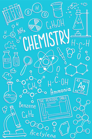 Chemistry symbols icon set. Science subject doodle design. Education and study concept. Back to school sketchy background for notebook, not pad, sketchbook.のイラスト素材