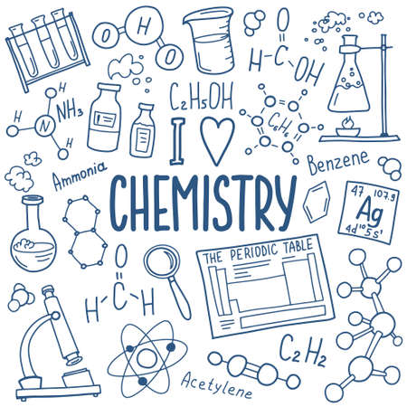 Chemistry symbols icon set. Science subject doodle design. Education and study concept. Back to school sketchy background for notebook, not pad, sketchbook.のイラスト素材