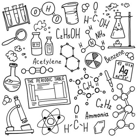 Chemistry symbols icon set. Science subject doodle design. Education and study concept. Back to school sketchy background for notebook, not pad, sketchbook.のイラスト素材