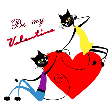 Cartoon cats. She is sitting on a big red heart. It sits near the heart.のイラスト素材