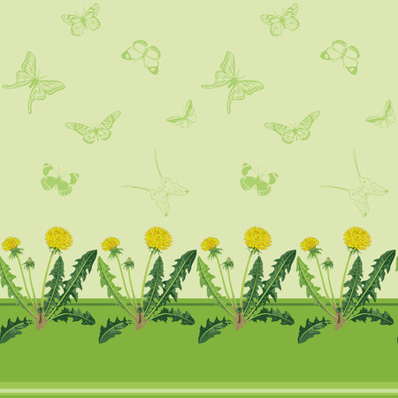 Yellow dandelions and green butterflies on a green background. Vector background.のイラスト素材