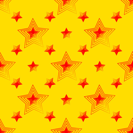 Openwork red stars geometric seamless pattern on yellow background . Fashion graphic . Background design. Modern stylish abstract texture. Template for prints, textile, wrapping and decoration, wallpaper. Vector illustrationのイラスト素材