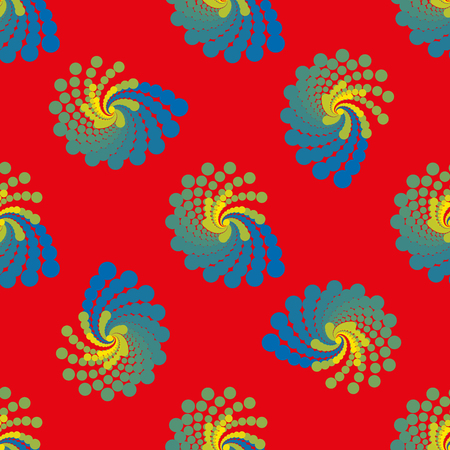 Blue yellow spiral geometric seamless pattern on red background. Fashion modern design. Stylish abstract graphic. Template for prints, decoration. Vector illustration.のイラスト素材