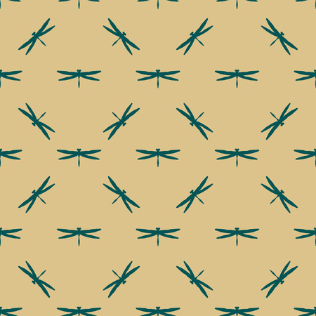 Green dragonfly seamless pattern on beige background. Fashion of summer. Template for prints, textile, wrapping and decoration, wallpaper. Vector illustration.のイラスト素材
