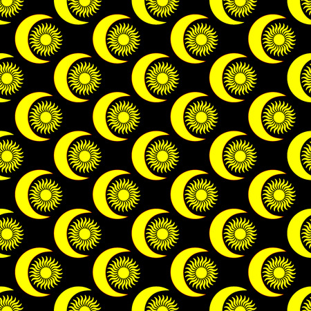 Yellow moon and sun on black background. Abstract geometric seamless pattern. Modern stylish night texture. Template for prints, textile, wrapping and decoration, wallpaper. Vector illustration.のイラスト素材
