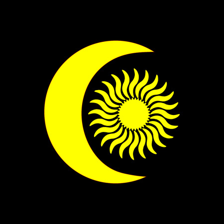 Yellow moon and sun on black background. Abstract geometric sign pattern. Modern stylish night texture. Template for prints, decoration. Vector illustration.のイラスト素材