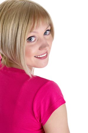 Portrait of the beautiful smiling girl with blue eyes.  Isolated on white backgroundの写真素材