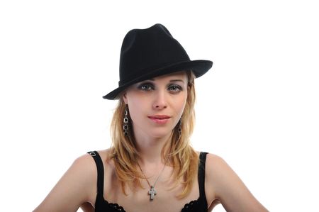  Portrait of the beautiful girl in a hat. Isolated on white backgroundの写真素材