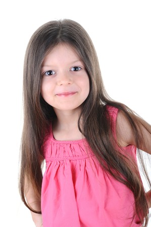 Little girl looks confident gaze. Isolated on white backgroundの写真素材