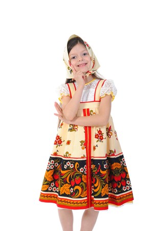 Beautiful girl in a shawl dances. Isolated on white backgroundの写真素材