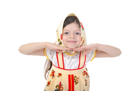 Little girl in a scarf dance. Isolated on white backgroundの写真素材