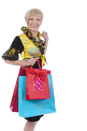 Beautiful blonde with bags. Isolated on white backgroundの写真素材
