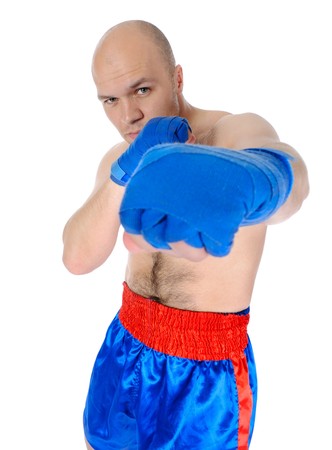  adult fighter punches during training. Isolated on white backgroundの写真素材