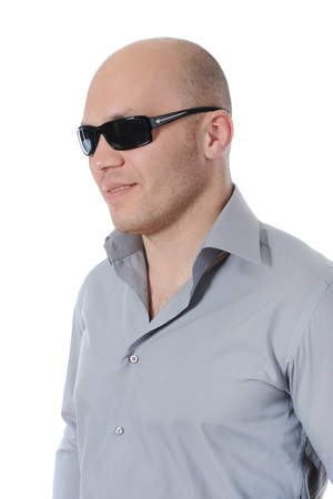 Portrait closeup bald man. Isolated on white backgroundの写真素材