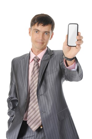 man handing a white phone. Isolated on white backgroundの写真素材