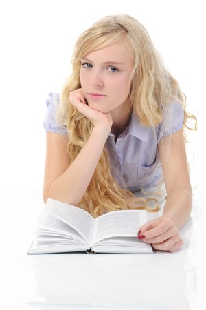 young woman reading book. Isolated on whiteの写真素材