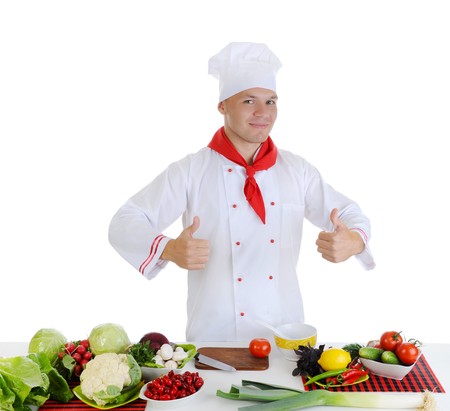 Chef in uniform at restaurant. Isolated on whiteの写真素材