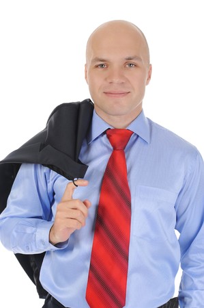Portrait of young businessman holding a jacket in his hand over his shoulder. Isolated on white backgroundの写真素材