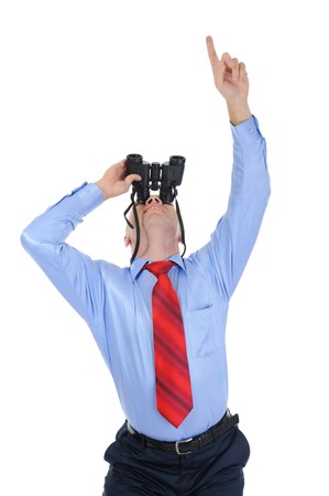 Image of a businessman looking up through binoculars. Isolated on white backgroundの写真素材