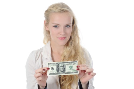 Long-haired young woman holding a dollar bill hundred dollars. Isolated on white backgroundの写真素材