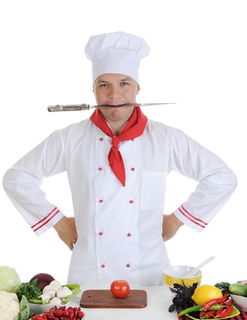 Chef at restaurant. Isolated on white backgroundの写真素材