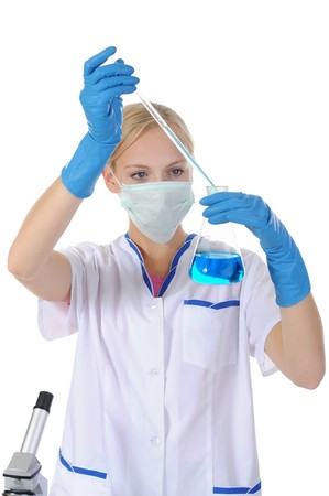 young scientist working in a bright  laboratory. Isolated on white backgroundの写真素材