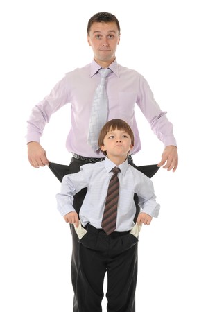 men with empty pockets. Isolated on white backgroundの写真素材