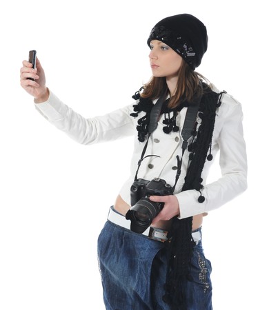 woman holds a cameraの写真素材