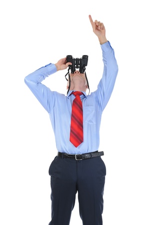 Image of a businessman looking up through binoculars. Isolated on white backgroundの写真素材