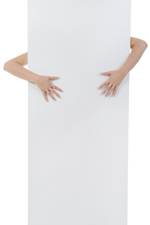 Hands holding  of the billboard. Isolated on white backgroundの写真素材