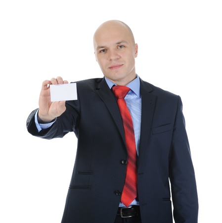 Image of a businessman holding a blank in the hand. Isolated on white backgroundの写真素材