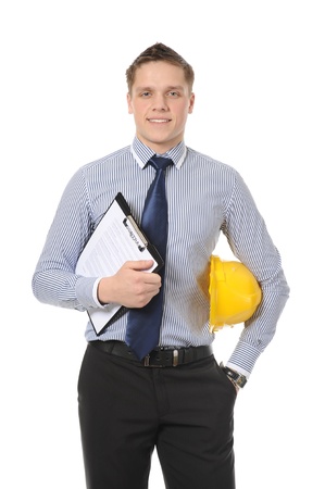 Businessman with construction yellow helmet. Isolated on whiteの写真素材