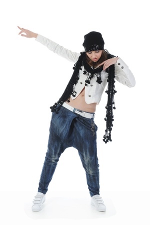 Young woman dancing hip-hop. Isolated on white backgroundの写真素材