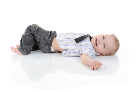 Portrait of a happy blue-eyed boy. Isolated on white backgroundの写真素材