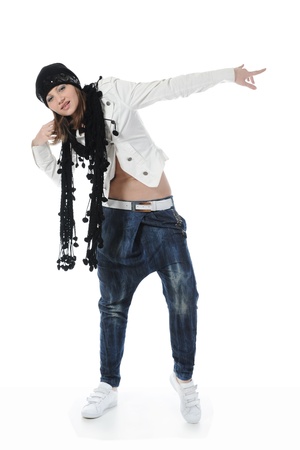 Young woman dancing hip-hop. Isolated on white backgroundの写真素材