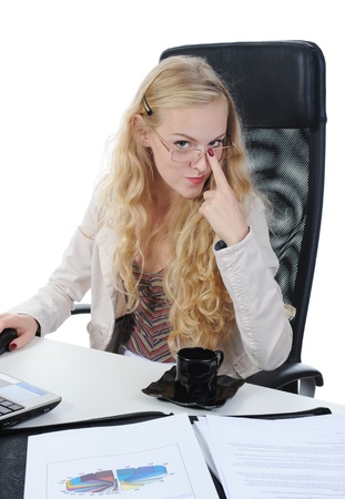 Young long-haired woman in the office workplace. Isolated on white backgroundの写真素材