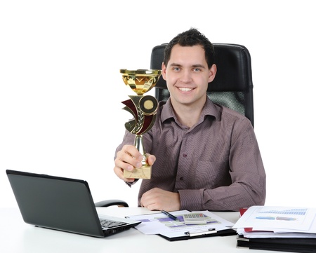 Portrait of a happy businessman with the cup in his hand. Isolated on white backgroundの写真素材