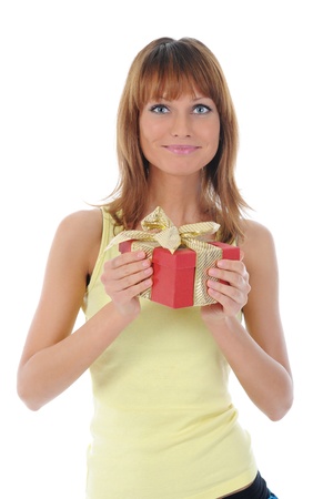 smiling woman with a gift boxの写真素材